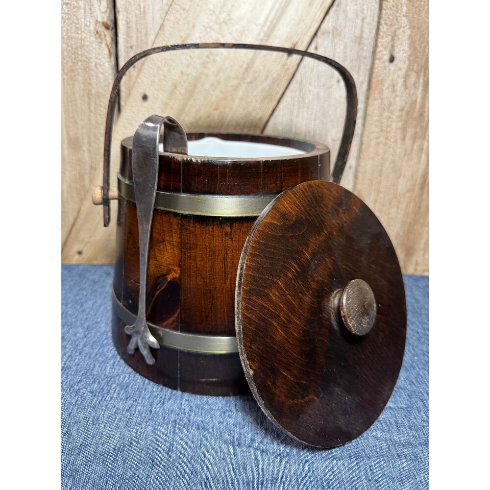 Vtg MCM Firkin Wood Ice Bucket by Putney Vermont Basketville Handle, Lid & Liner